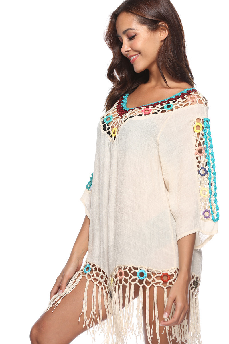 Womens Boho Beach Cover-Up With Tassel Hem - Sexy Crochet V-Neck Beach Dress